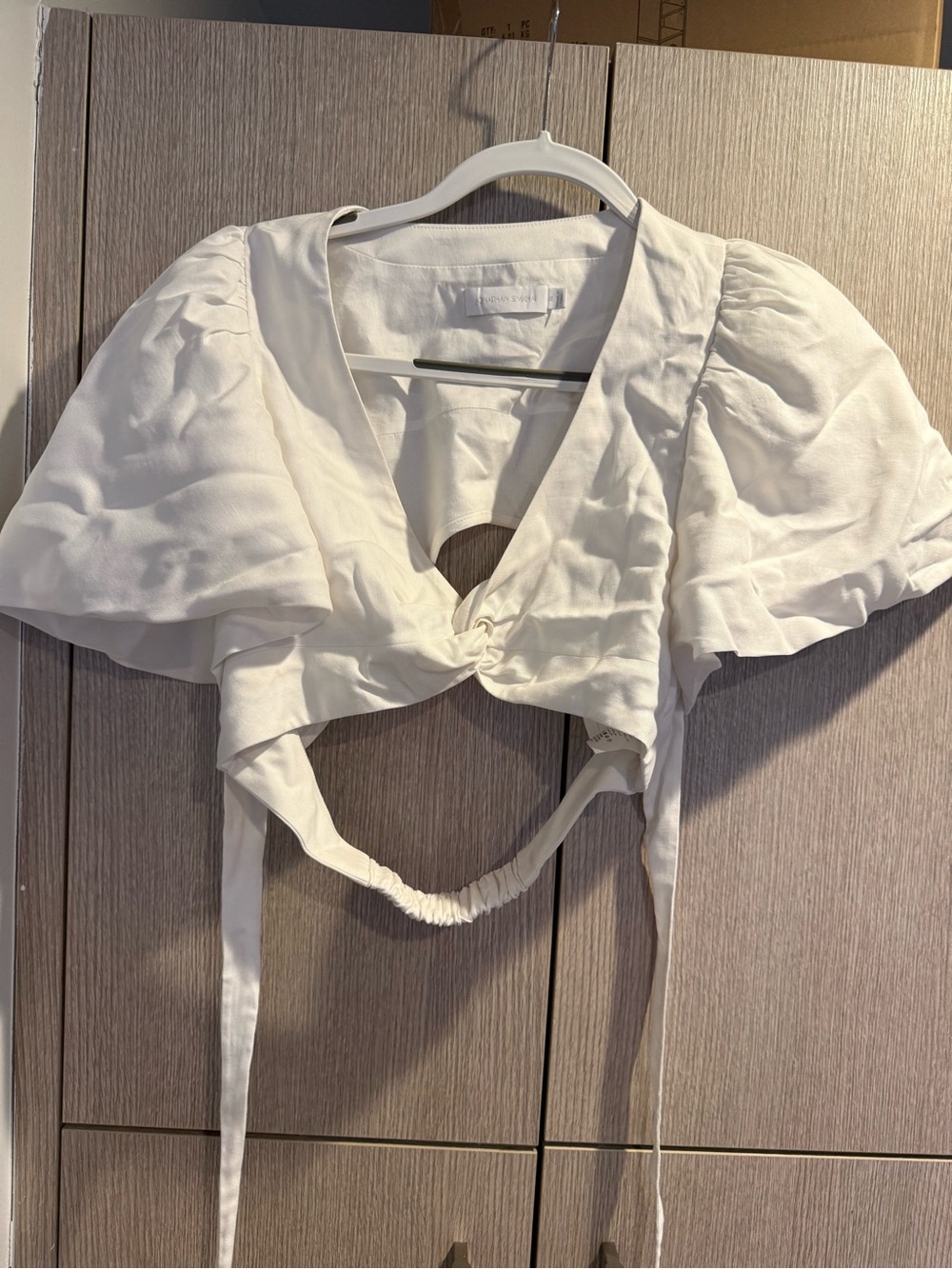 Jonathan Simkhai White Puff Sleeve wrap tie cropped top